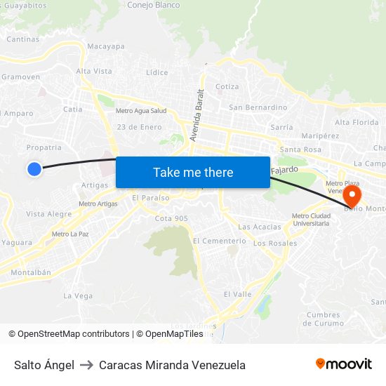 Salto Ángel to Caracas Miranda Venezuela map