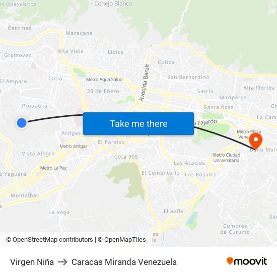 Virgen Niña to Caracas Miranda Venezuela map