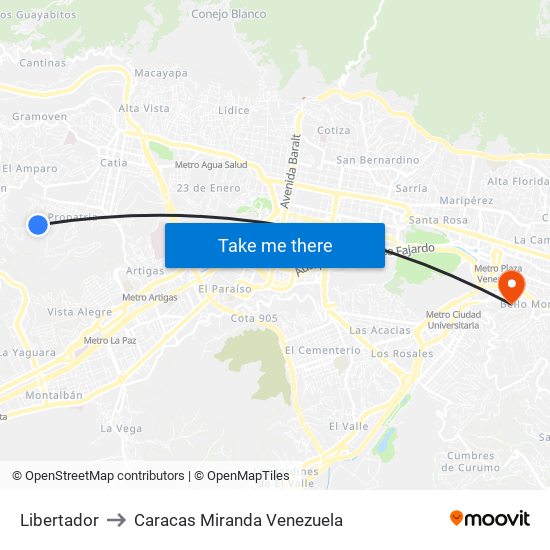 Libertador to Caracas Miranda Venezuela map