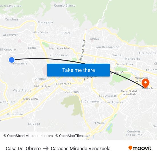 Casa Del Obrero to Caracas Miranda Venezuela map