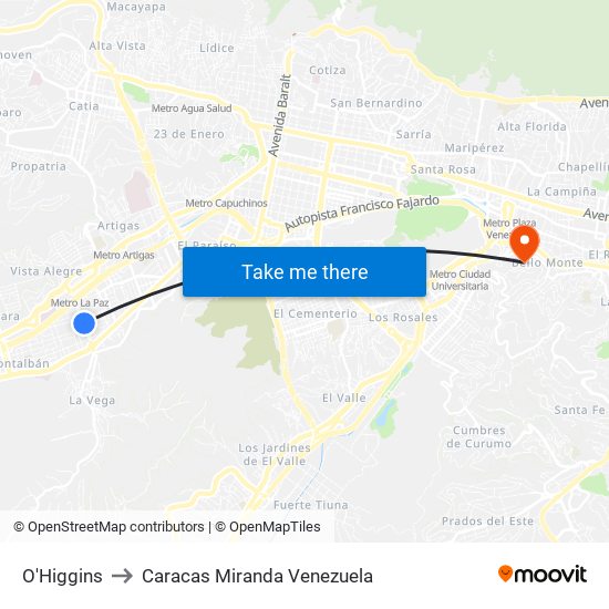 O'Higgins to Caracas Miranda Venezuela map