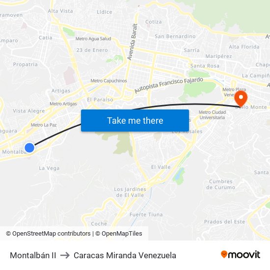 Montalbán II to Caracas Miranda Venezuela map