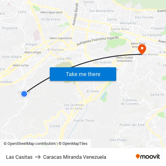 Las Casitas to Caracas Miranda Venezuela map