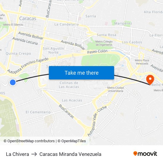 La Chivera to Caracas Miranda Venezuela map