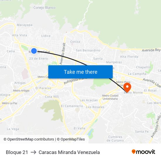 Bloque 21 to Caracas Miranda Venezuela map