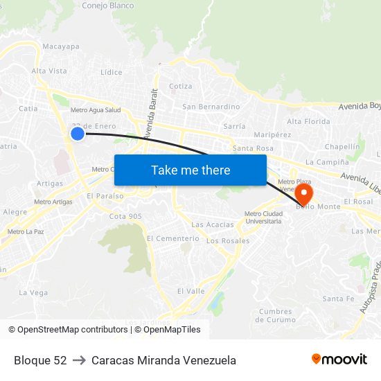 Bloque 52 to Caracas Miranda Venezuela map