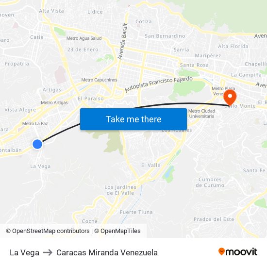 La Vega to Caracas Miranda Venezuela map