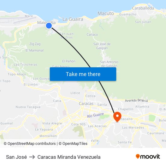 San José to Caracas Miranda Venezuela map