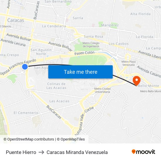 Puente Hierro to Caracas Miranda Venezuela map