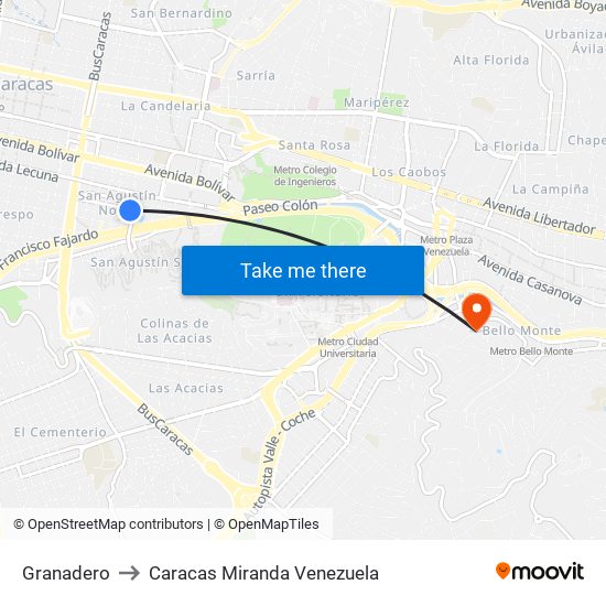 Granadero to Caracas Miranda Venezuela map
