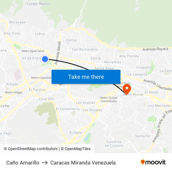 Caño Amarillo to Caracas Miranda Venezuela map