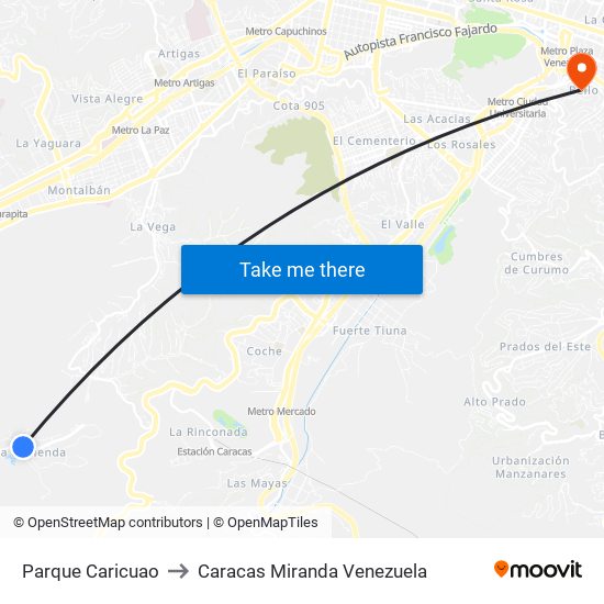 Parque Caricuao to Caracas Miranda Venezuela map