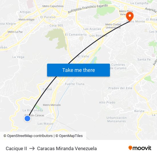 Cacique II to Caracas Miranda Venezuela map