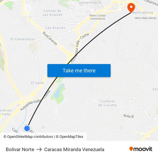 Bolívar Norte to Caracas Miranda Venezuela map