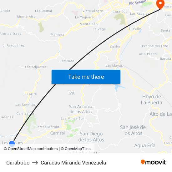 Carabobo to Caracas Miranda Venezuela map