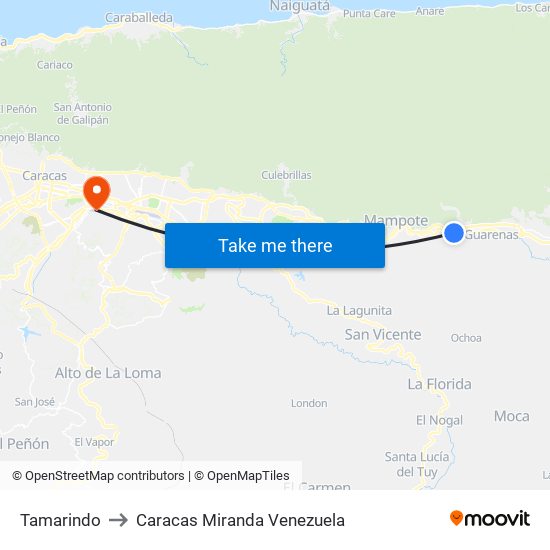 Tamarindo to Caracas Miranda Venezuela map