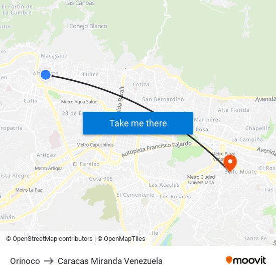 Orinoco to Caracas Miranda Venezuela map