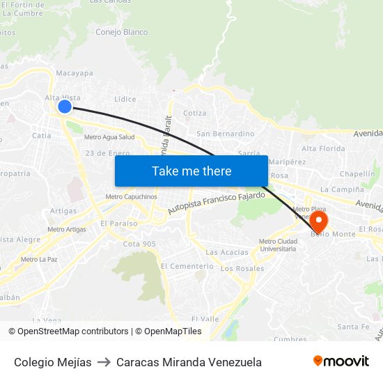 Colegio Mejías to Caracas Miranda Venezuela map