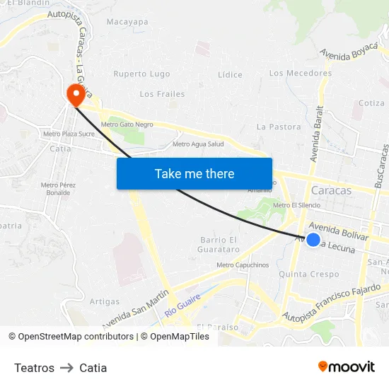 Teatros to Catia map
