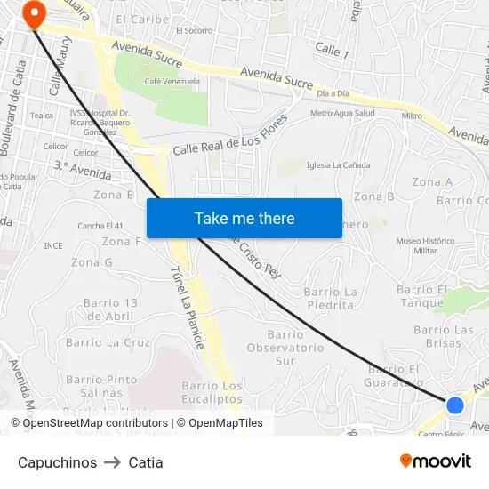 Capuchinos to Catia map
