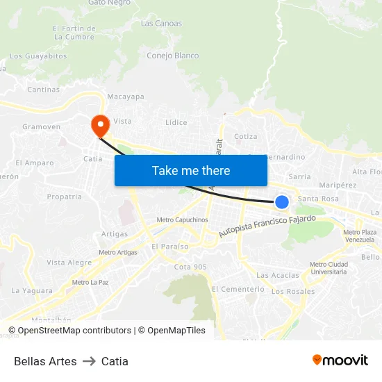 Bellas Artes to Catia map