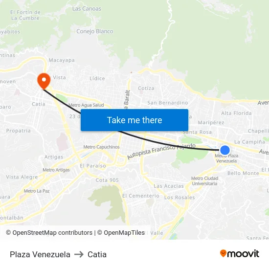 Plaza Venezuela to Catia map