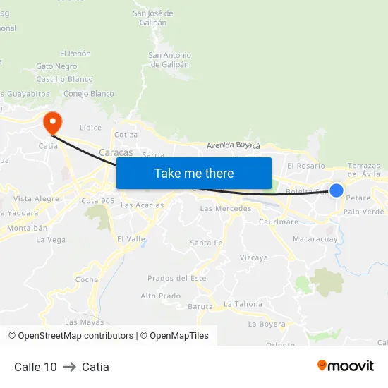 Calle 10 to Catia map