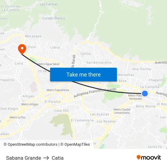 Sabana Grande to Catia map