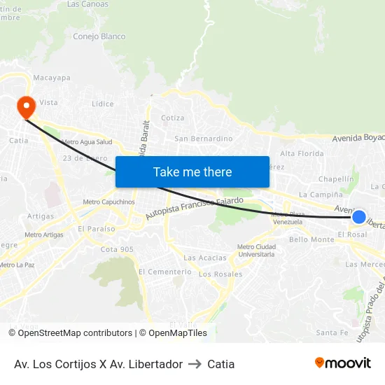 Av. Los Cortijos X Av. Libertador to Catia map