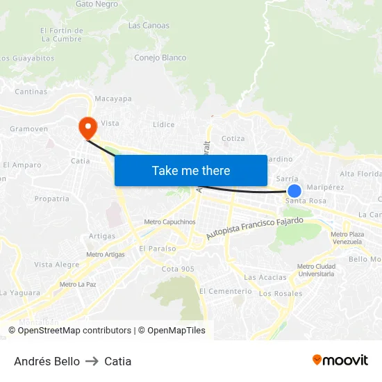 Andrés Bello to Catia map