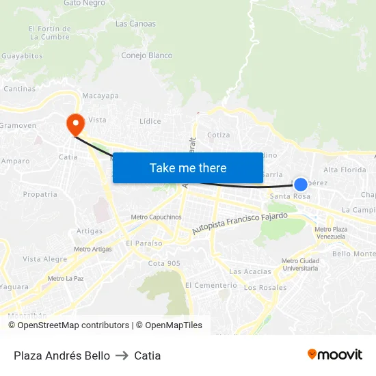 Plaza Andrés Bello to Catia map