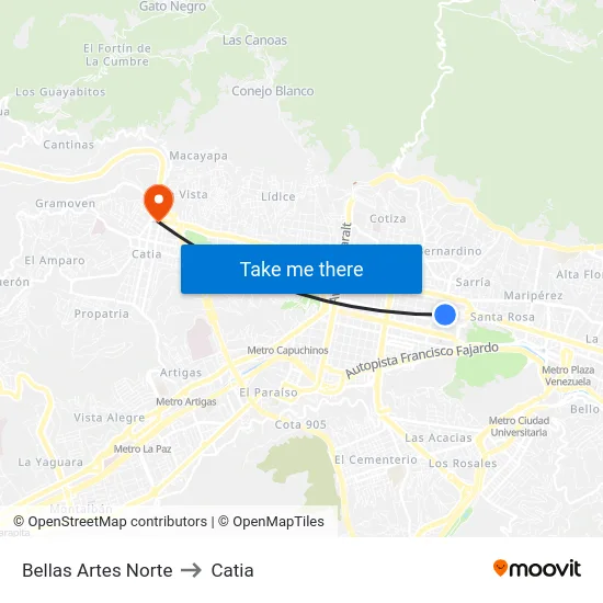 Bellas Artes Norte to Catia map