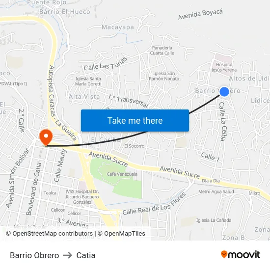 Barrio Obrero to Catia map