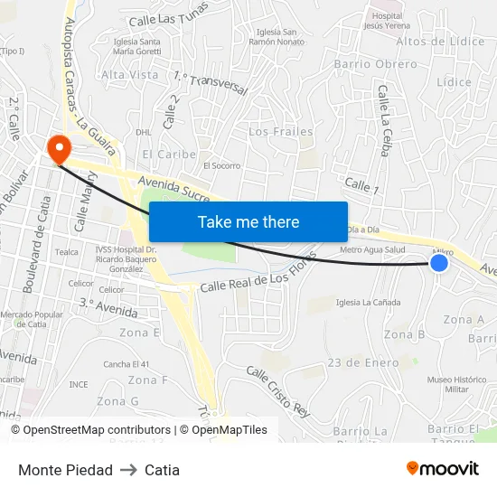 Monte Piedad to Catia map