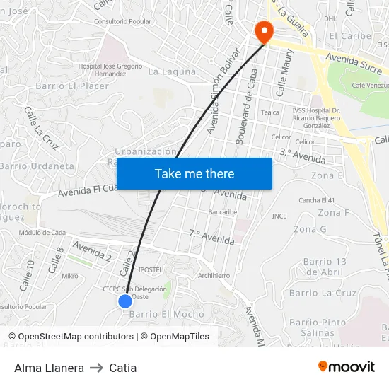 Alma Llanera to Catia map