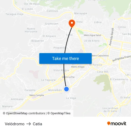 Velódromo to Catia map