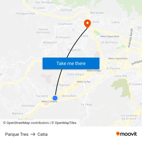 Parque Tres to Catia map