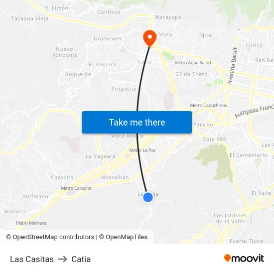 Las Casitas to Catia map