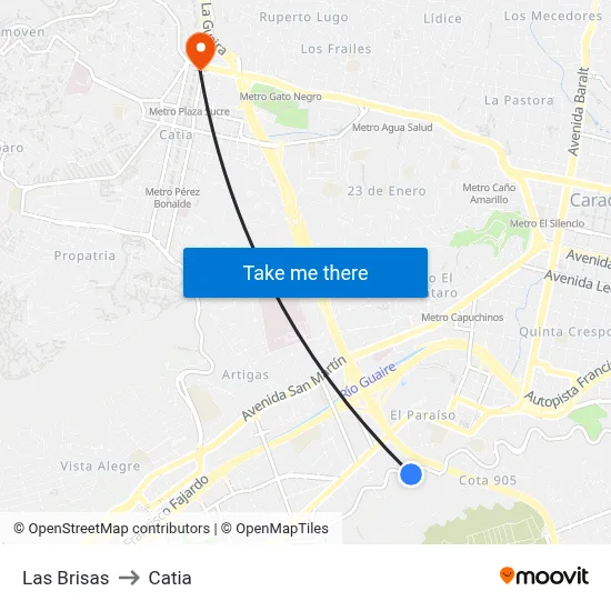 Las Brisas to Catia map