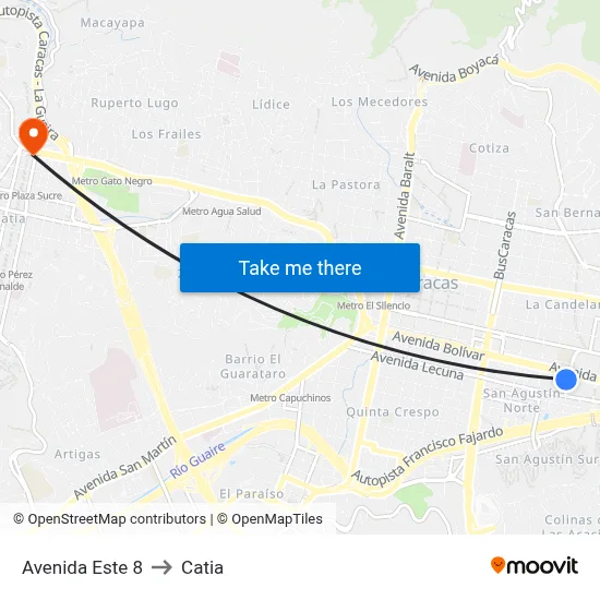 Avenida Este 8 to Catia map