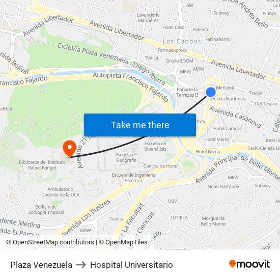 Plaza Venezuela to Hospital Universitario map