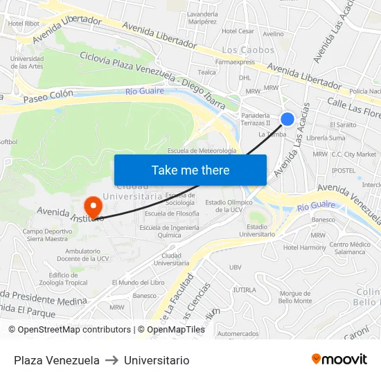 Plaza Venezuela to Universitario map