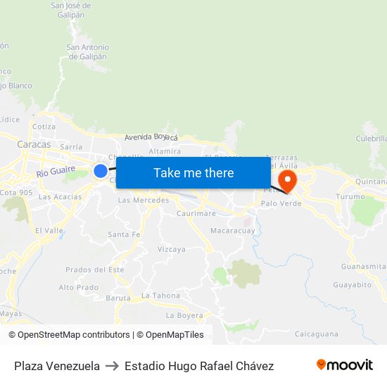 Plaza Venezuela to Estadio Hugo Rafael Chávez map