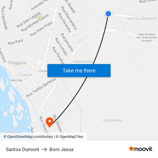 Santos Dumont to Bom Jesus map