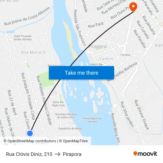 Rua Clóvis Diniz, 210 to Pirapora map