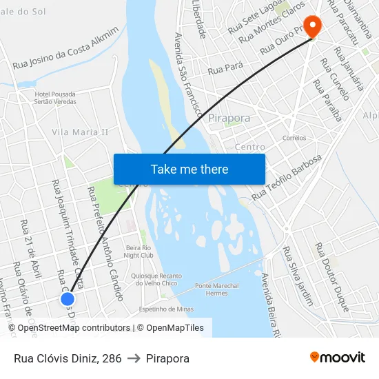 Rua Clóvis Diniz, 286 to Pirapora map
