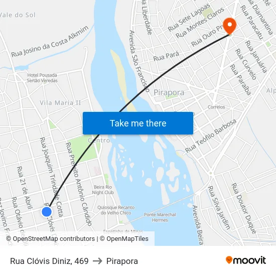 Rua Clóvis Diniz, 469 to Pirapora map