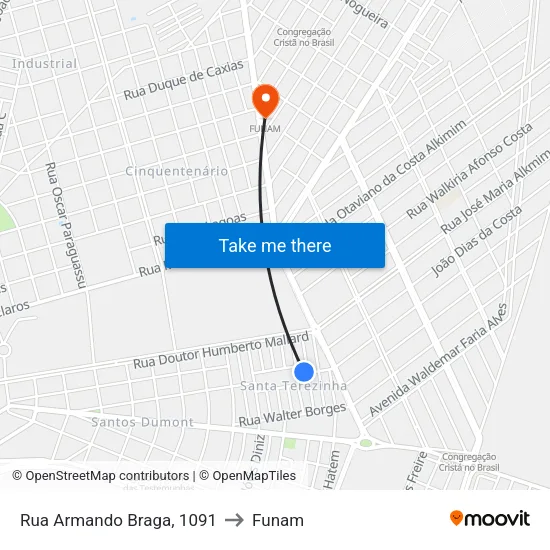 Rua Armando Braga, 1091 to Funam map
