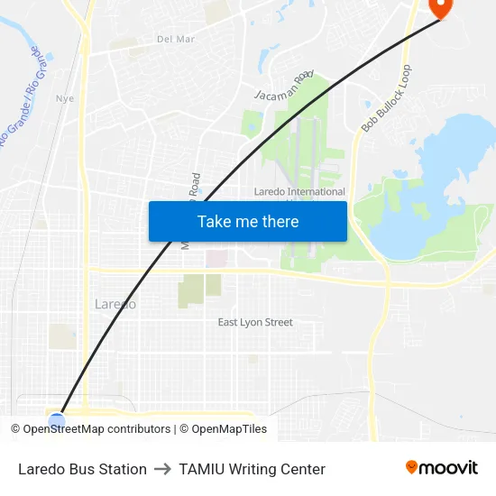 Laredo Bus Station to TAMIU Writing Center map