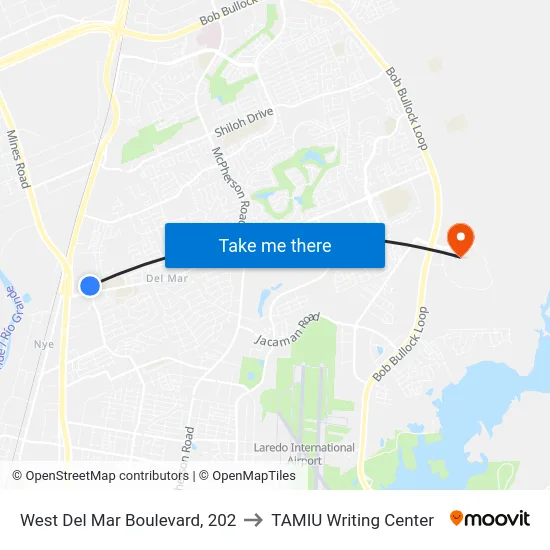 West Del Mar Boulevard, 202 to TAMIU Writing Center map